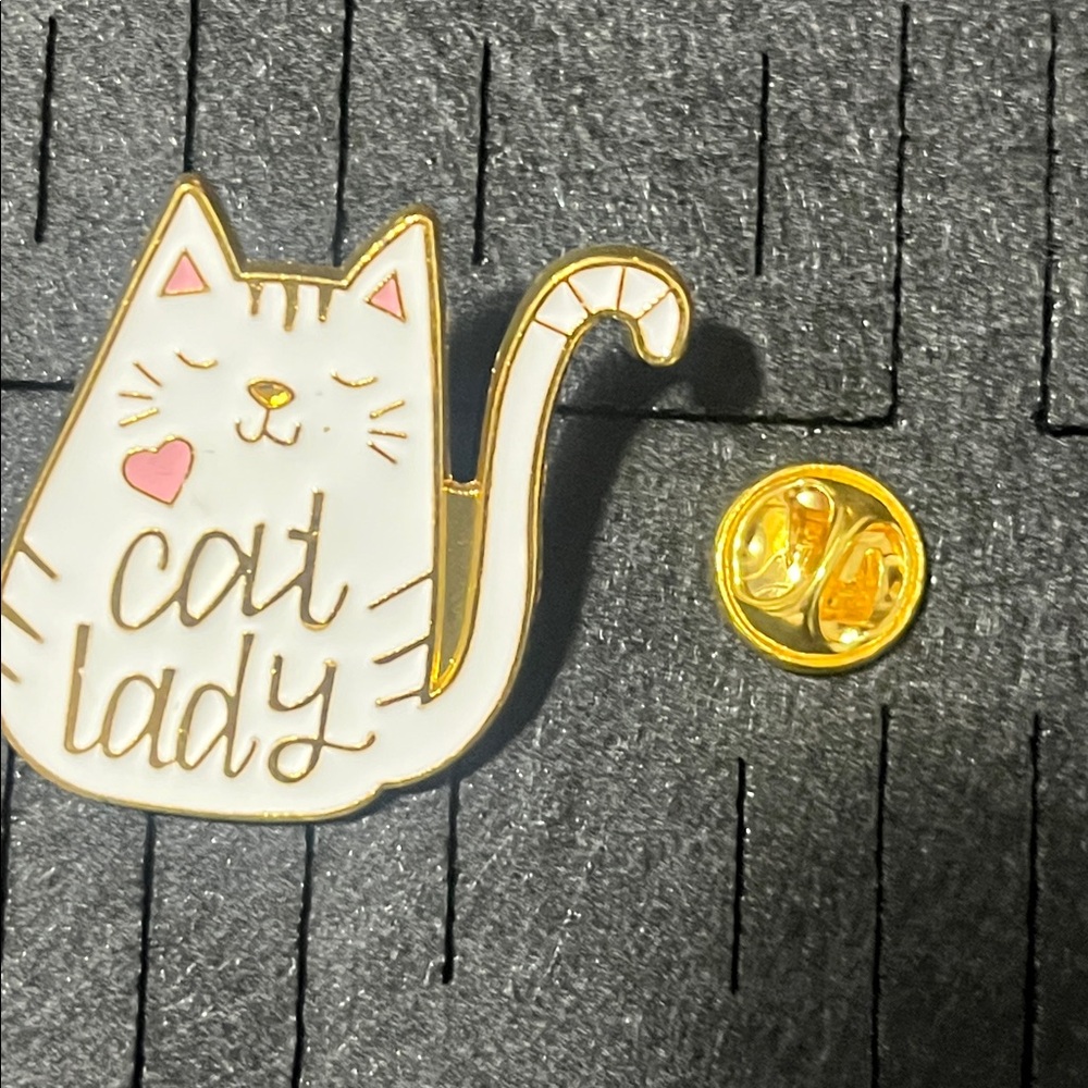 Cat Lady Enamel Pin - White & Pink Cat Accessory - Picture 6 of 7